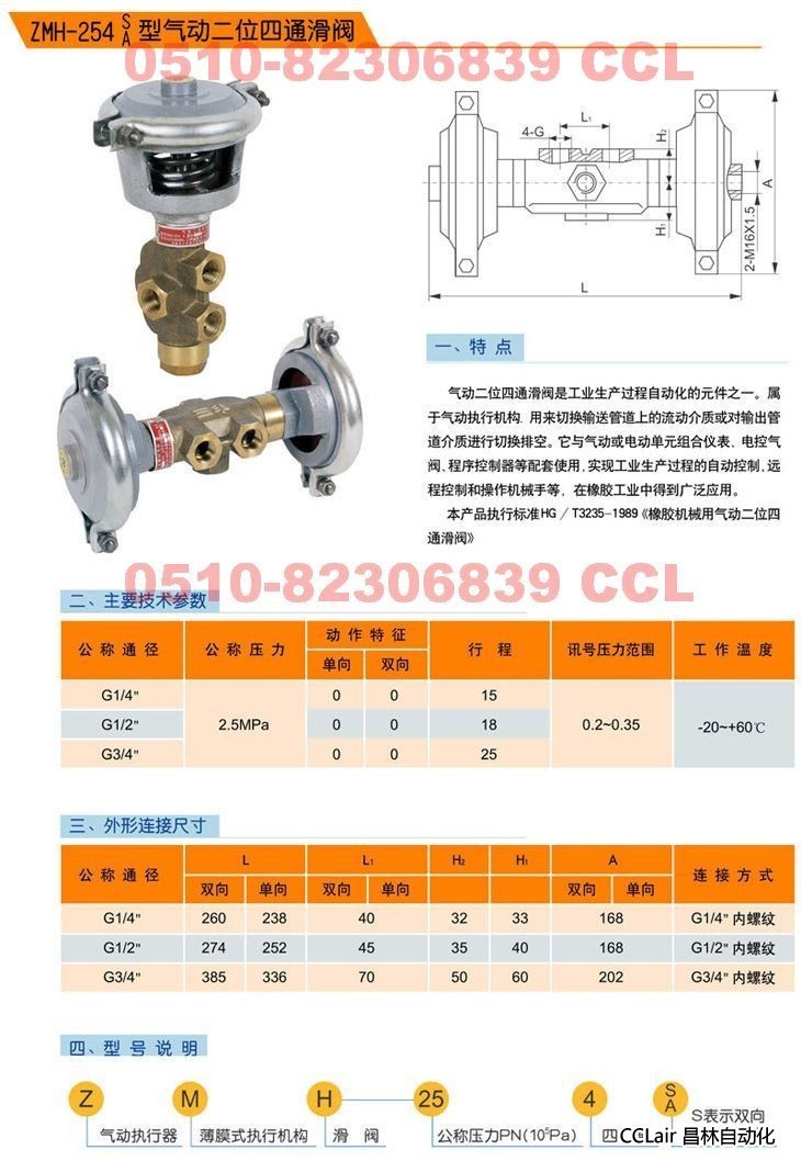 ZMH-254S   ZMH-254A   气动二位四通滑阀  